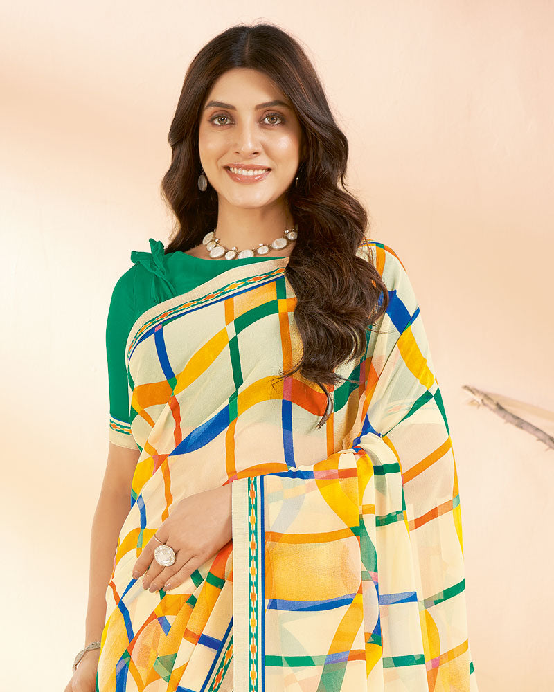 Vishal Prints Spanish Cream Printed Georgette Saree With Fancy Border