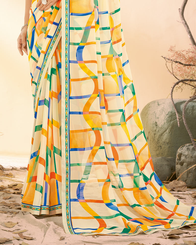 Vishal Prints Spanish Cream Printed Georgette Saree With Fancy Border