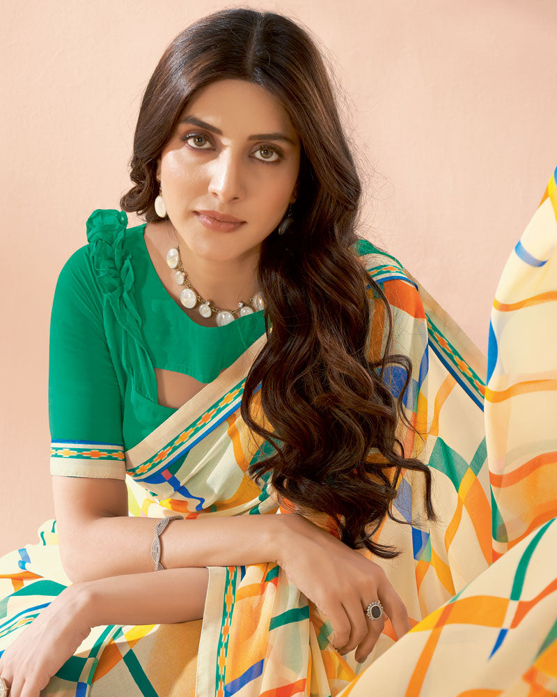 Vishal Prints Spanish Cream Printed Georgette Saree With Fancy Border
