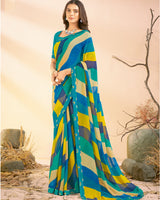 Vishal Prints Persian Green And Venice Blue Printed Georgette Saree With Fancy Border