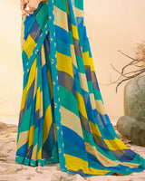 Vishal Prints Persian Green And Venice Blue Printed Georgette Saree With Fancy Border