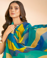 Vishal Prints Persian Green And Venice Blue Printed Georgette Saree With Fancy Border