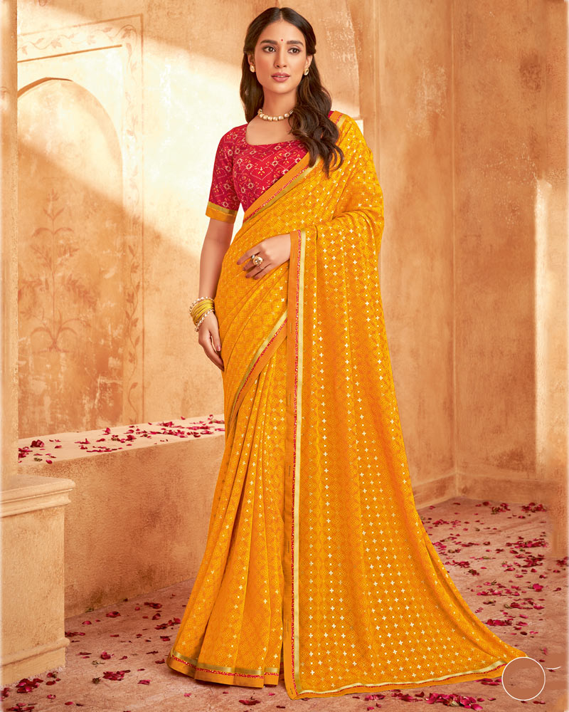 Vishal Prints Orange Printed Georgette Saree With Foil Print And Fancy Zari Border