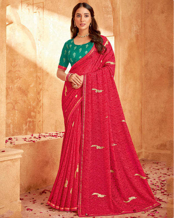 Vishal Prints Red Pink Printed Georgette Saree With Foil Print And Fancy Zari Border