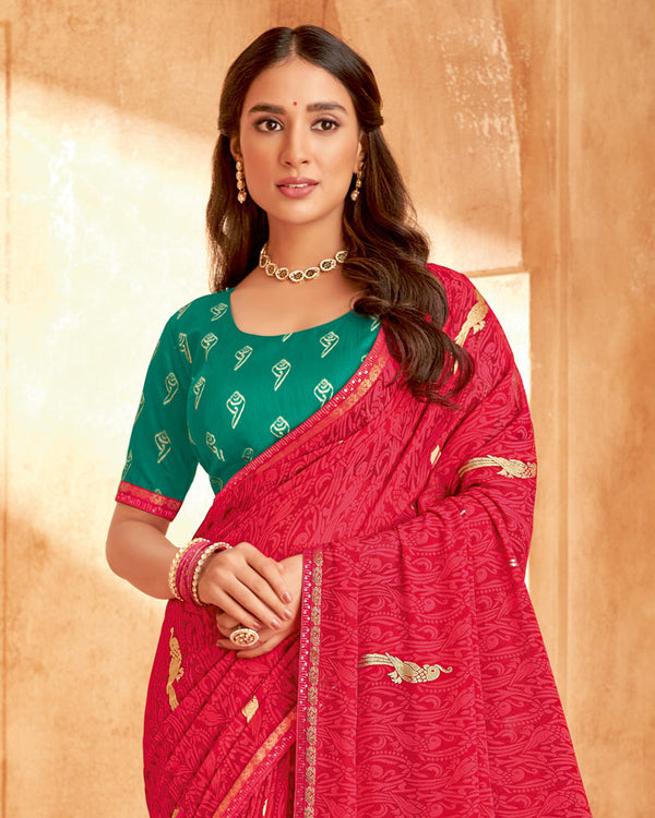 Vishal Prints Red Pink Printed Georgette Saree With Foil Print And Fancy Zari Border