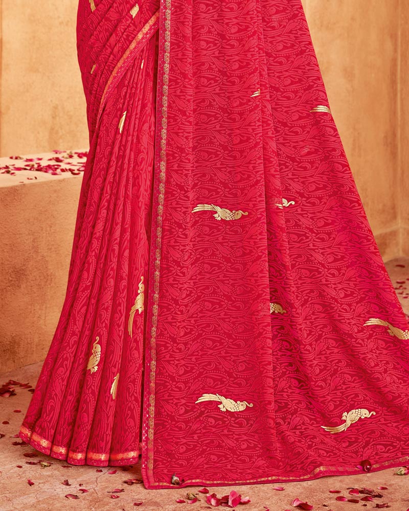 Vishal Prints Red Pink Printed Georgette Saree With Foil Print And Fancy Zari Border