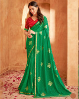 Vishal Prints Jade Green Printed Georgette Saree With Foil Print And Fancy Zari Border