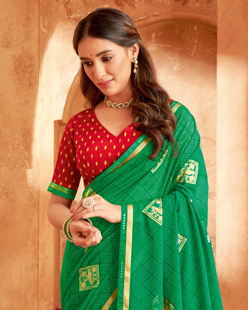Vishal Prints Jade Green Printed Georgette Saree With Foil Print And Fancy Zari Border