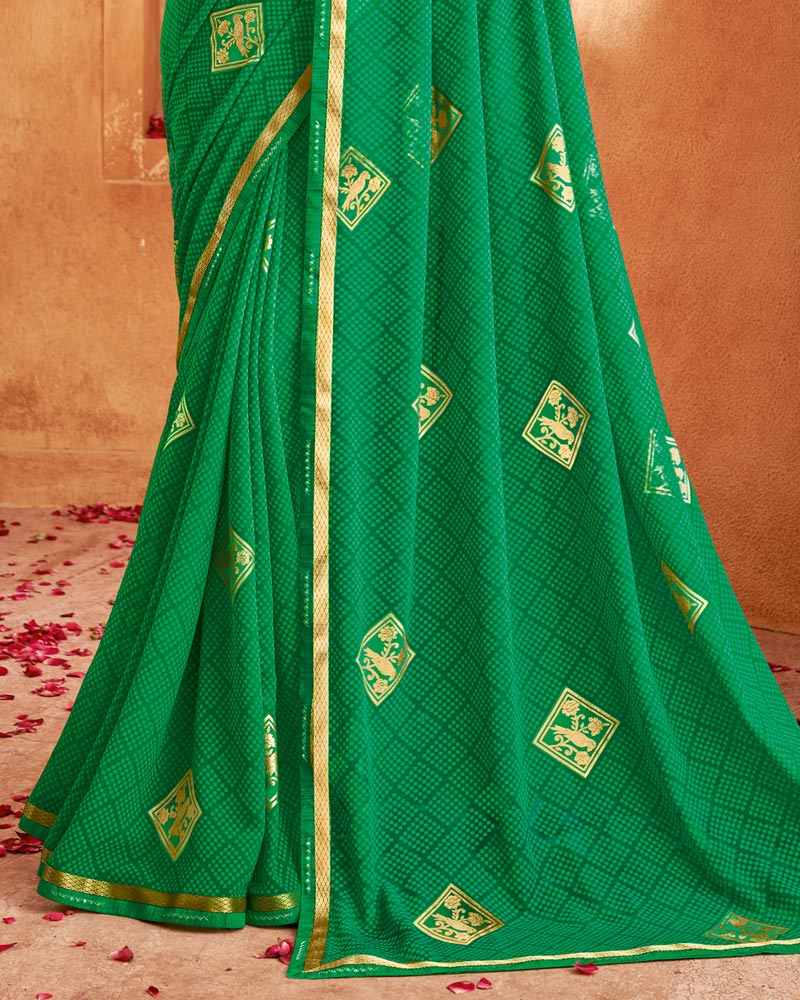 Vishal Prints Jade Green Printed Georgette Saree With Foil Print And Fancy Zari Border