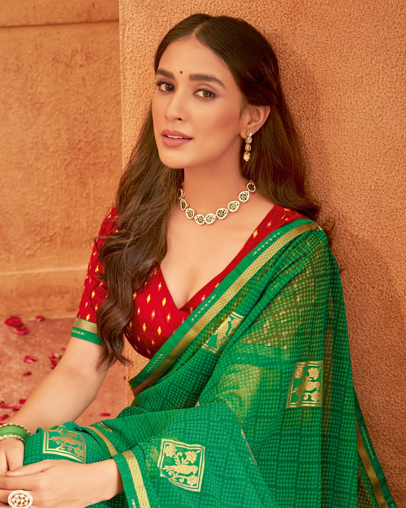 Vishal Prints Jade Green Printed Georgette Saree With Foil Print And Fancy Zari Border
