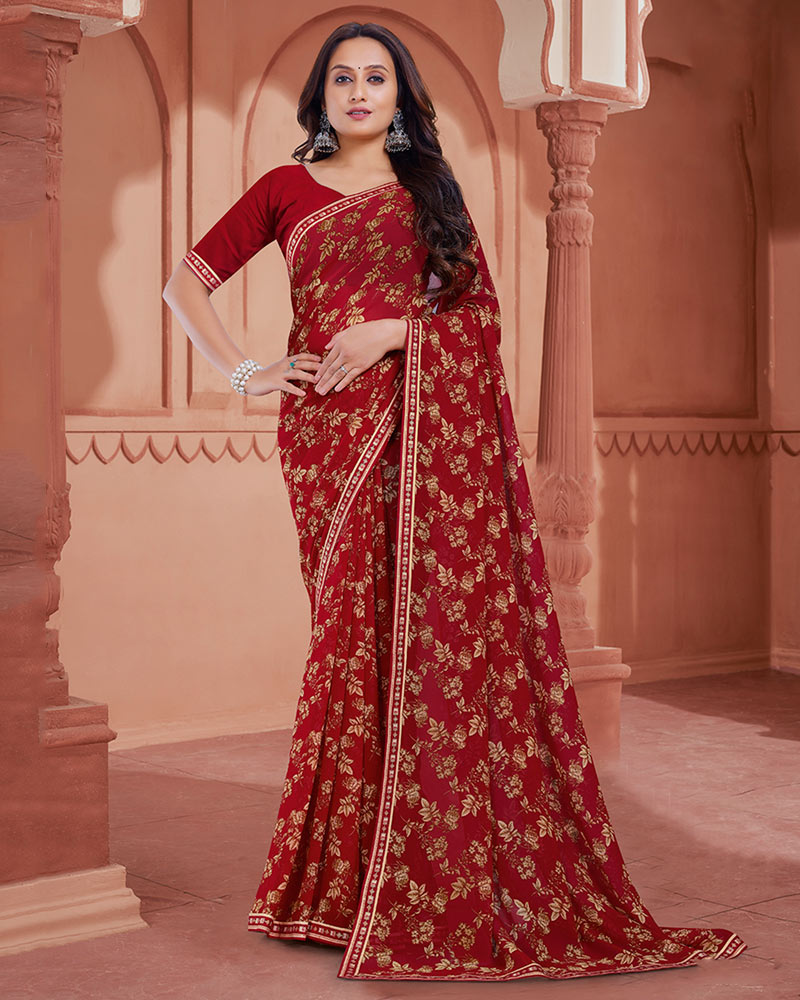 Vishal Prints Paprika Red Printed Georgette Saree With Fancy Border