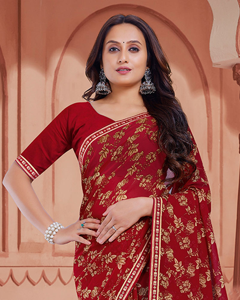 Vishal Prints Paprika Red Printed Georgette Saree With Fancy Border