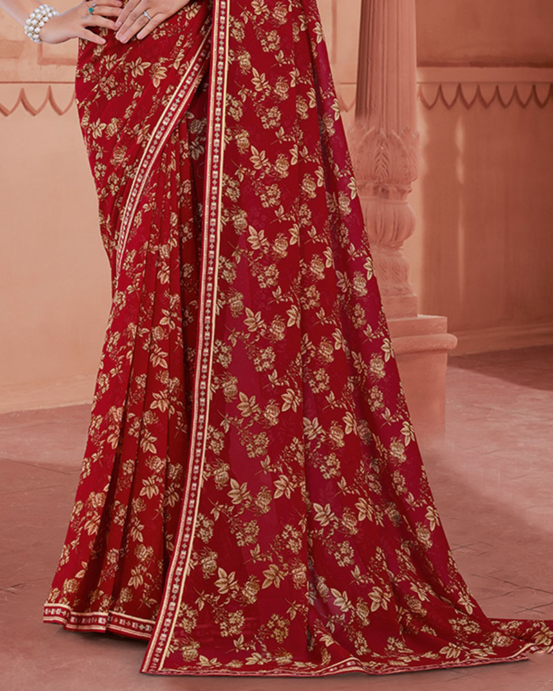 Vishal Prints Paprika Red Printed Georgette Saree With Fancy Border