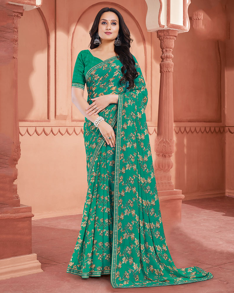 Vishal Prints Pine Green Printed Georgette Saree With Fancy Border
