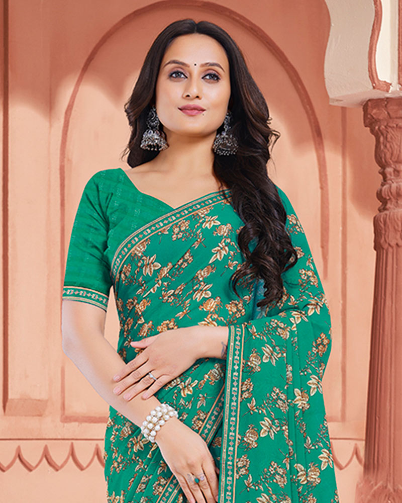 Vishal Prints Pine Green Printed Georgette Saree With Fancy Border