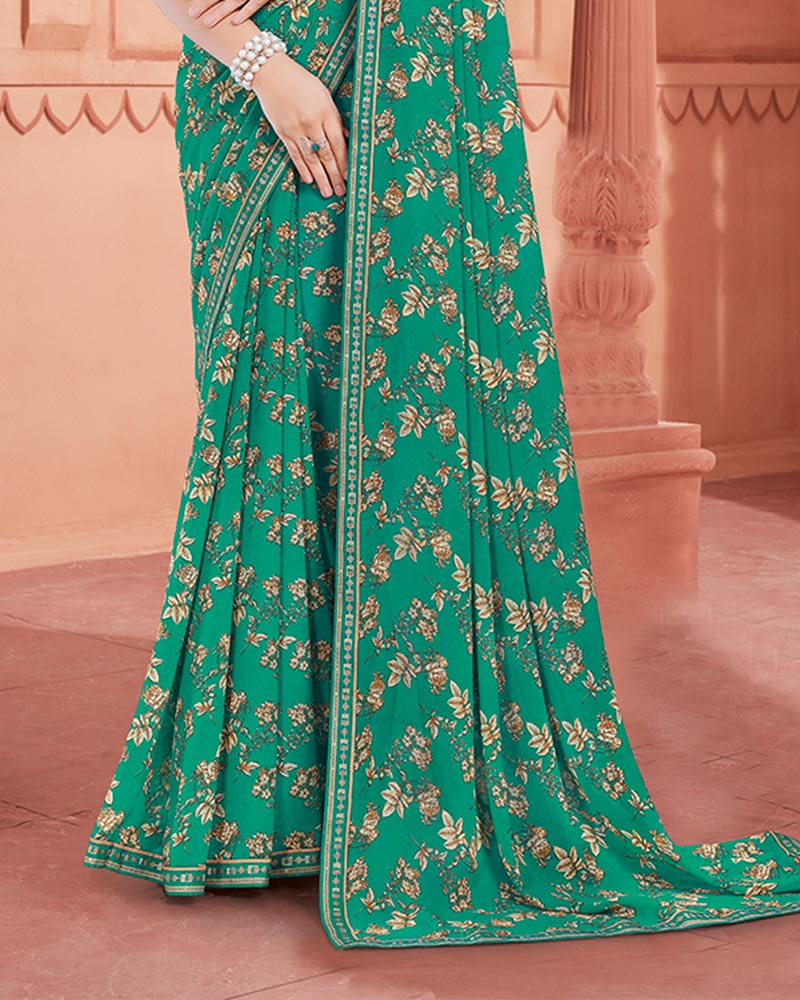 Vishal Prints Pine Green Printed Georgette Saree With Fancy Border