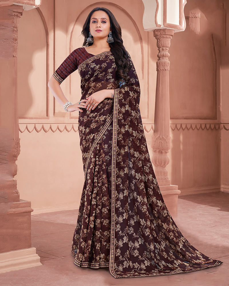 Vishal Prints Dark Wine Printed Georgette Saree With Fancy Border