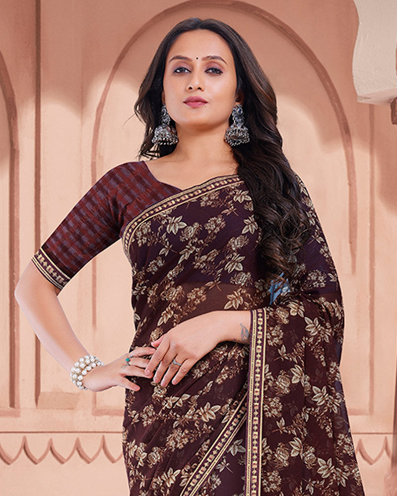 Vishal Prints Dark Wine Printed Georgette Saree With Fancy Border