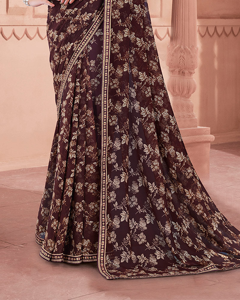 Vishal Prints Dark Wine Printed Georgette Saree With Fancy Border