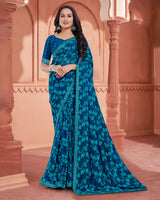 Vishal Prints Dark Midnight Blue Printed Georgette Saree With Fancy Border