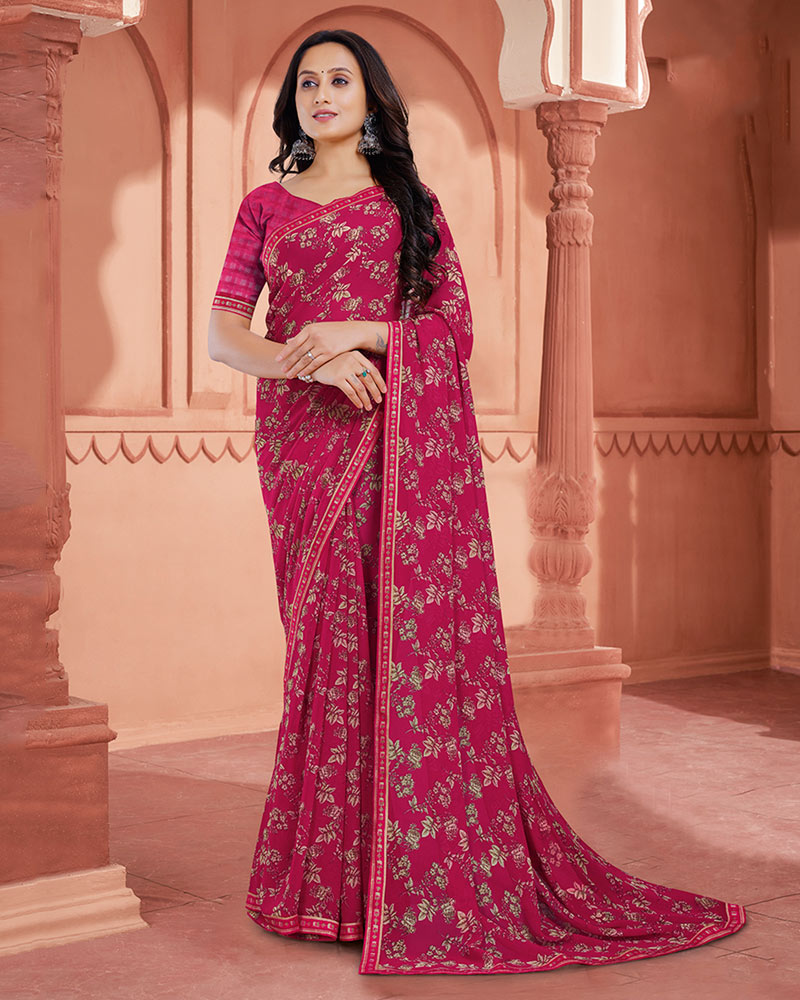 Vishal Prints Purplish Red Printed Georgette Saree With Fancy Border