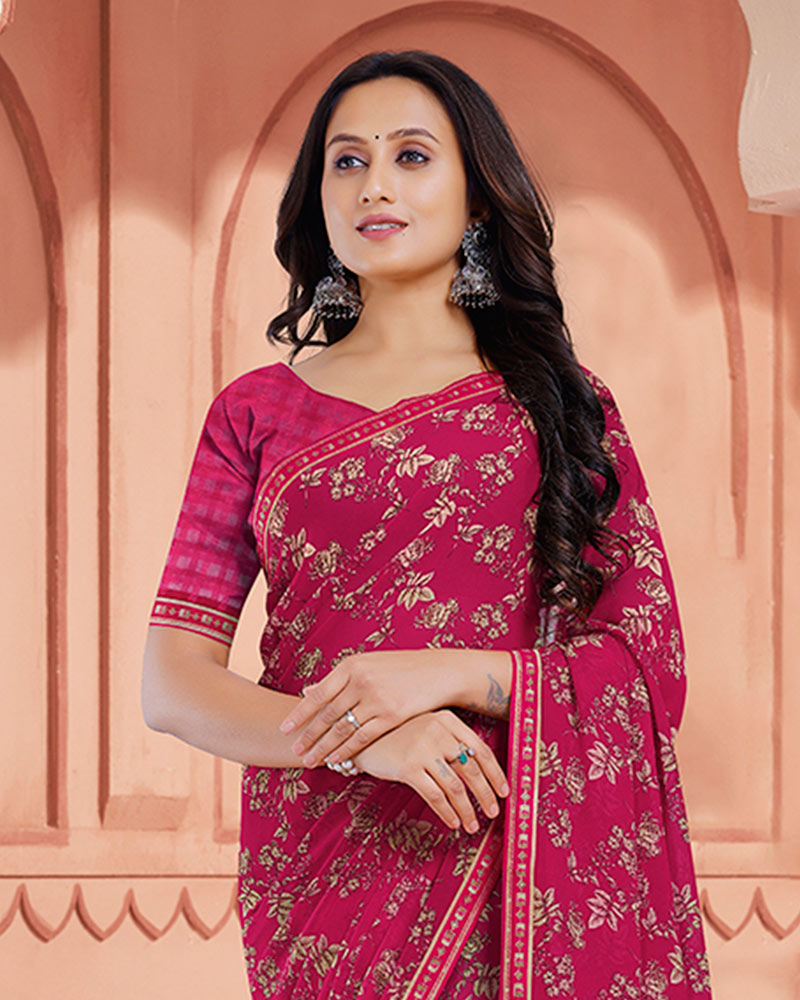 Vishal Prints Purplish Red Printed Georgette Saree With Fancy Border