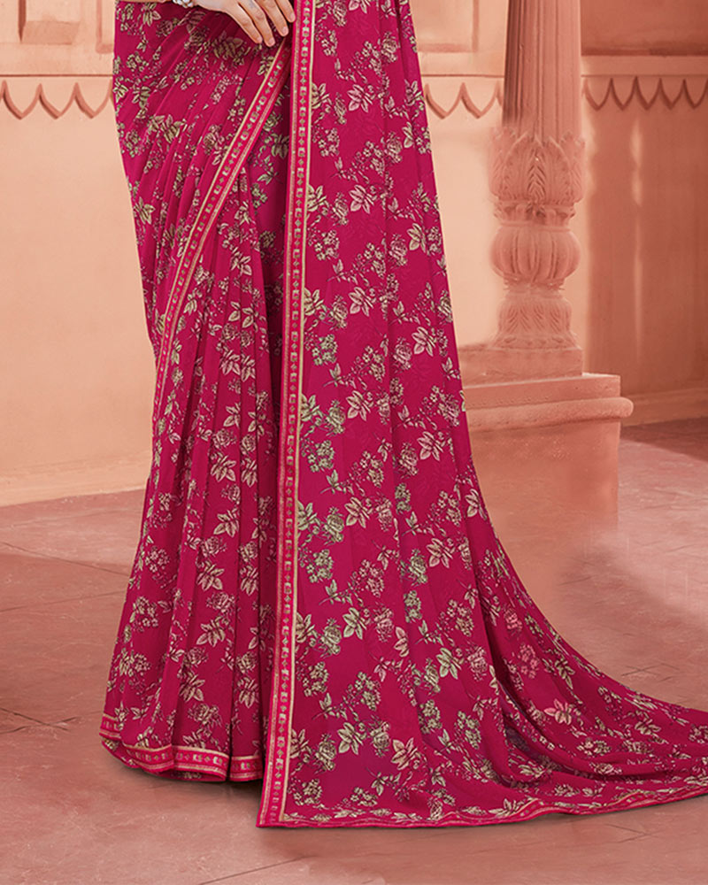 Vishal Prints Purplish Red Printed Georgette Saree With Fancy Border