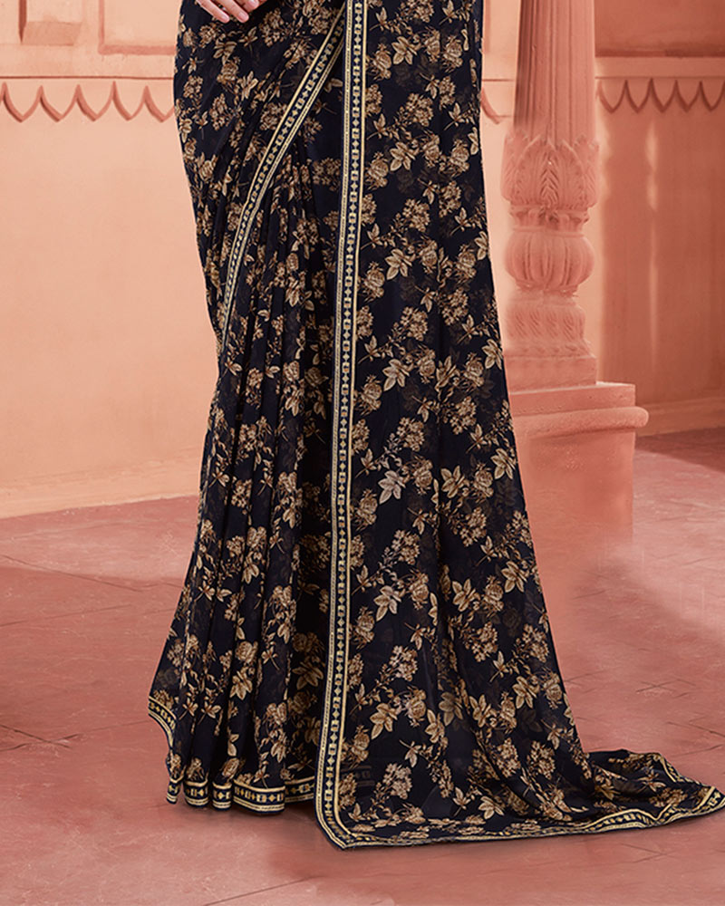 Vishal Prints Midnight Black Printed Georgette Saree With Fancy Border