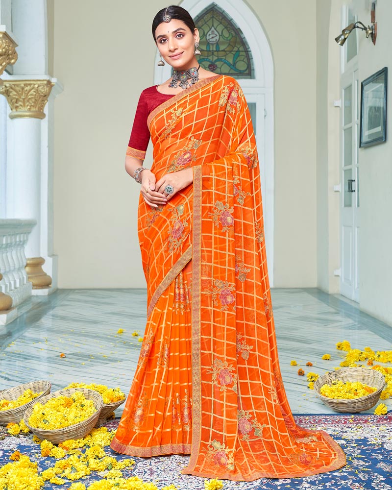Vishal Prints Dark Orange Designer Brasso Saree With Foil Print And Zari Border