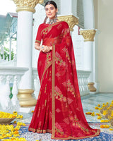 Vishal Prints Cherry Red Designer Brasso Saree With Foil Print And Zari Border