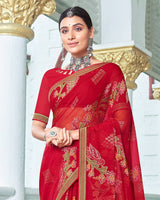 Vishal Prints Cherry Red Designer Brasso Saree With Foil Print And Zari Border