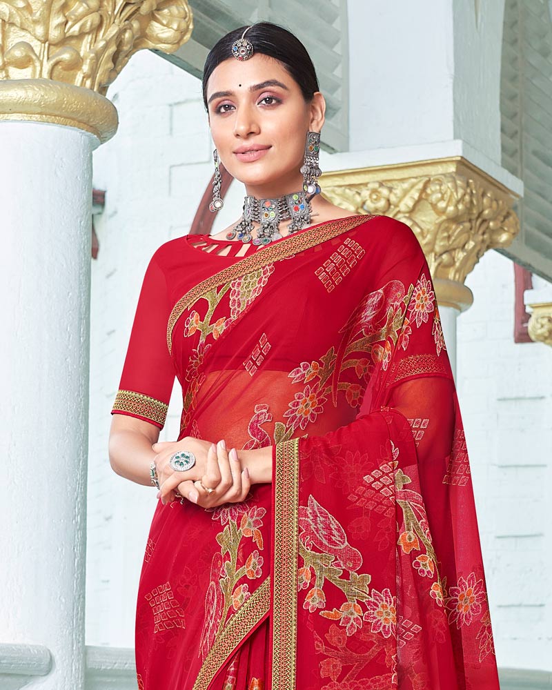 Vishal Prints Cherry Red Designer Brasso Saree With Foil Print And Zari Border