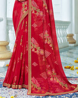Vishal Prints Cherry Red Designer Brasso Saree With Foil Print And Zari Border