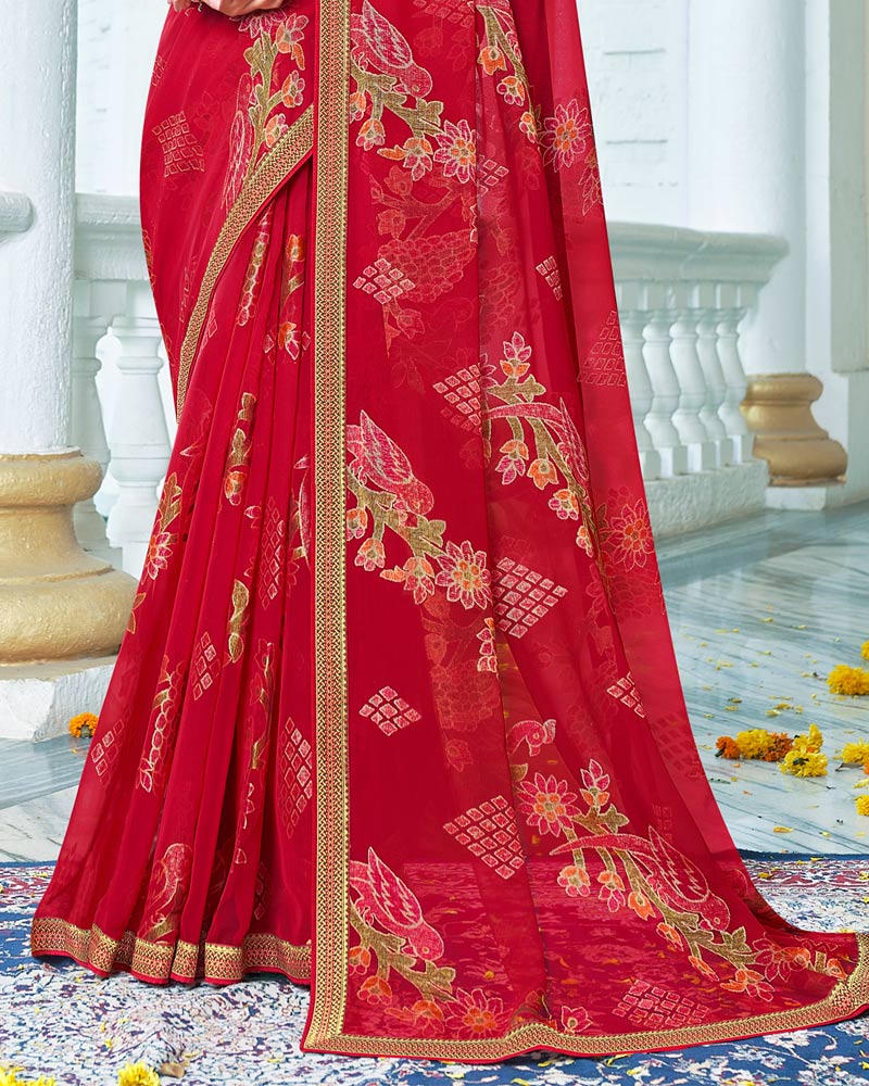 Vishal Prints Cherry Red Designer Brasso Saree With Foil Print And Zari Border