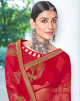 Vishal Prints Cherry Red Designer Brasso Saree With Foil Print And Zari Border