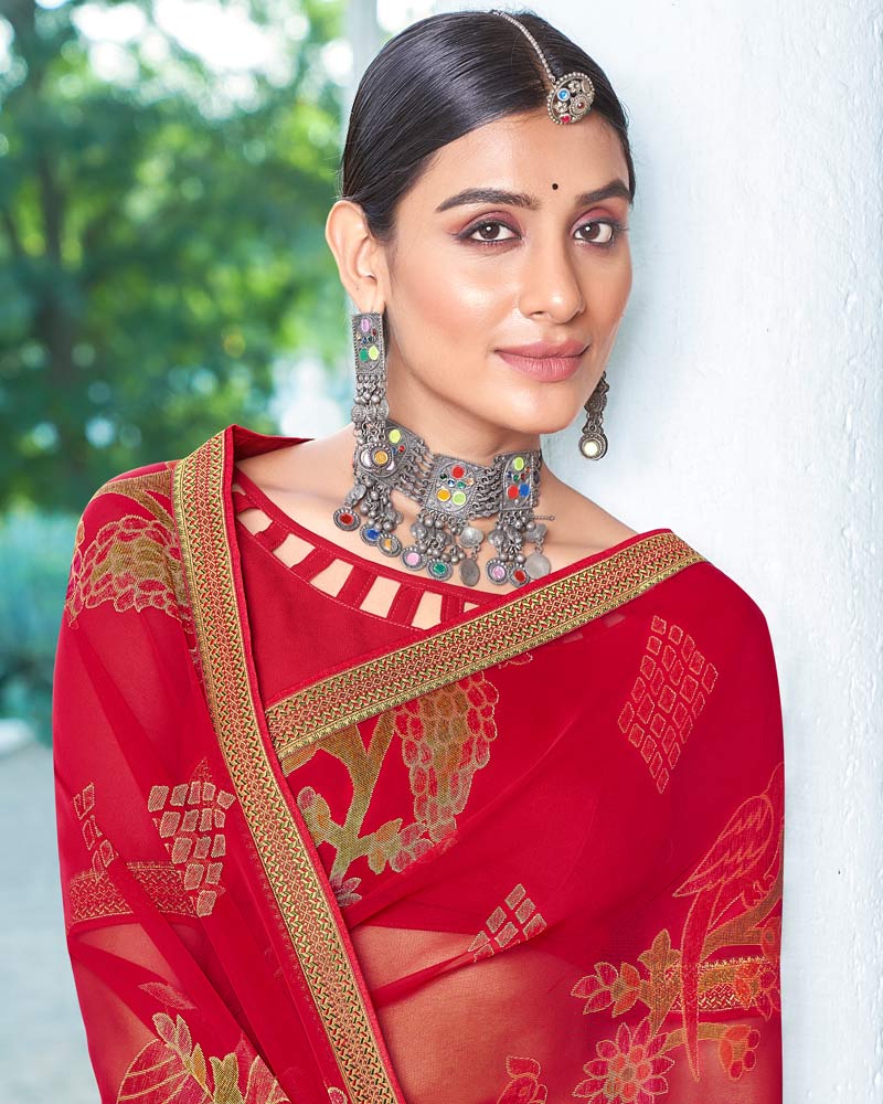 Vishal Prints Cherry Red Designer Brasso Saree With Foil Print And Zari Border