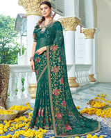 Vishal Prints Rama Green Designer Brasso Saree With Foil Print And Zari Border