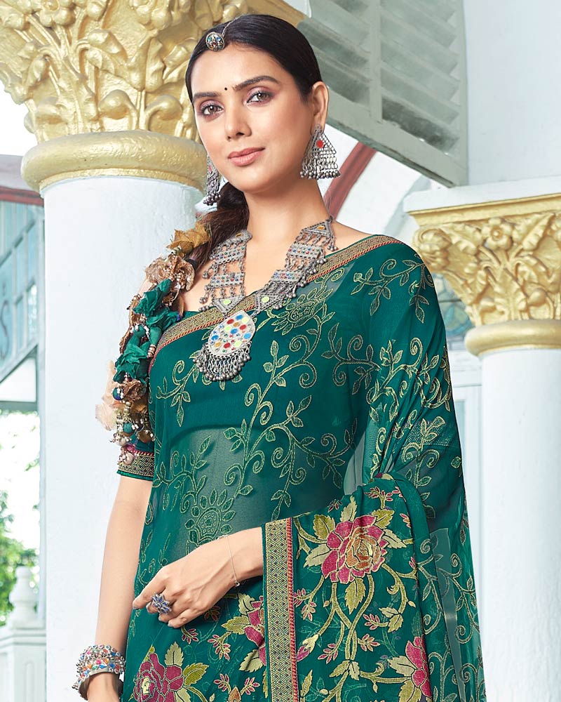 Vishal Prints Rama Green Designer Brasso Saree With Foil Print And Zari Border