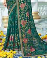 Vishal Prints Rama Green Designer Brasso Saree With Foil Print And Zari Border