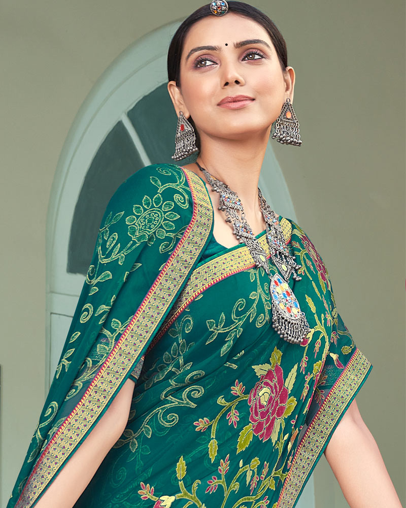 Vishal Prints Rama Green Designer Brasso Saree With Foil Print And Zari Border