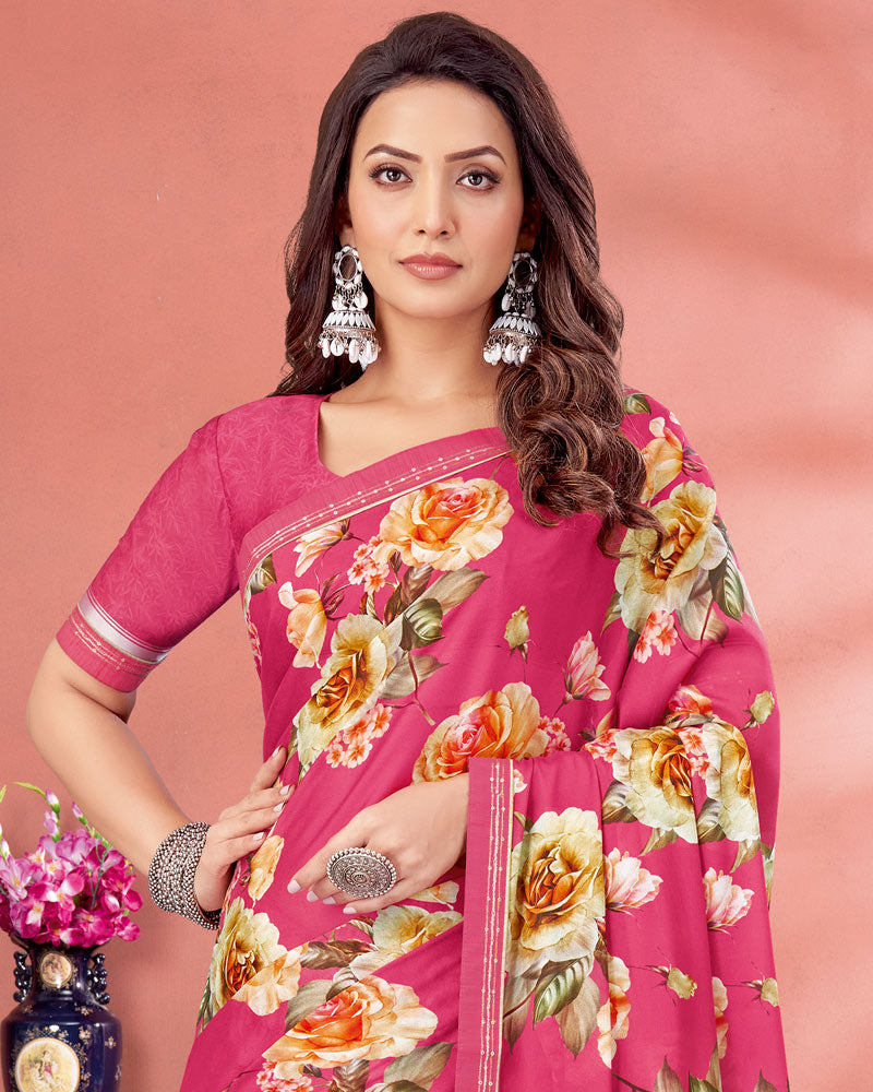 Vishal Prints Deep Rose Pink Digital Print Criva Crepe Saree With Fancy Border