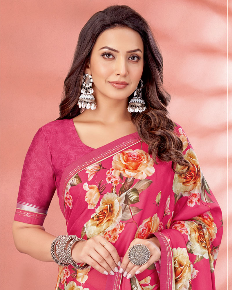 Vishal Prints Deep Rose Pink Digital Print Criva Crepe Saree With Fancy Border