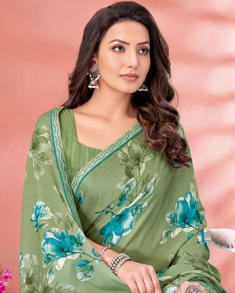 Vishal Prints Sage Green Digital Print Criva Crepe Saree With Fancy Border