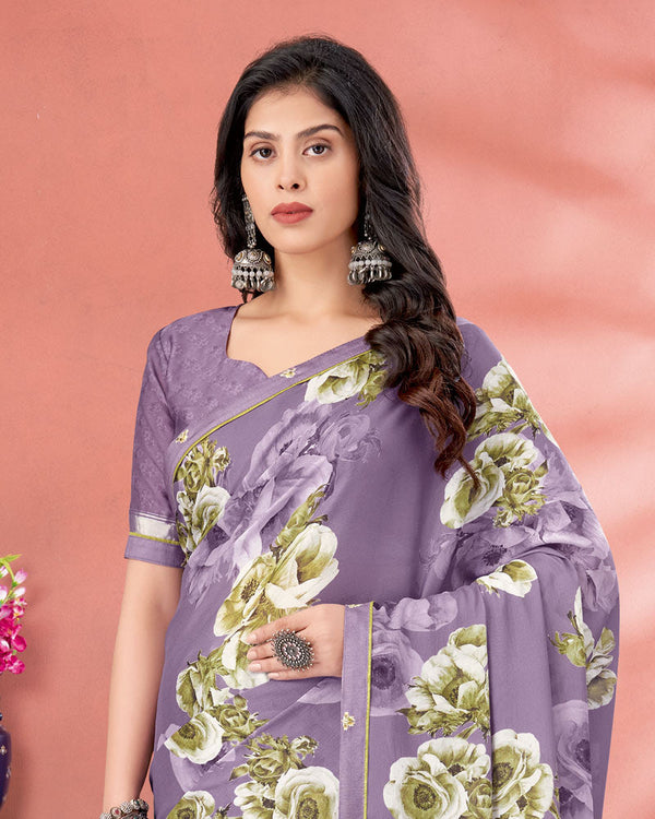 Vishal Prints Dusty Lavender Digital Print Criva Crepe Saree With Fancy Border