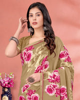 Vishal Prints Dusty Beige Digital Print Criva Crepe Saree With Fancy Border