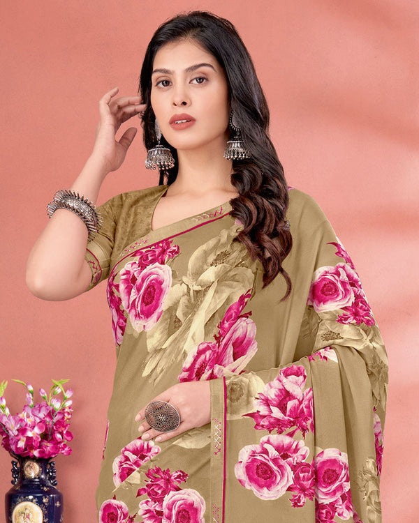 Vishal Prints Dusty Beige Digital Print Criva Crepe Saree With Fancy Border