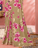 Vishal Prints Dusty Beige Digital Print Criva Crepe Saree With Fancy Border