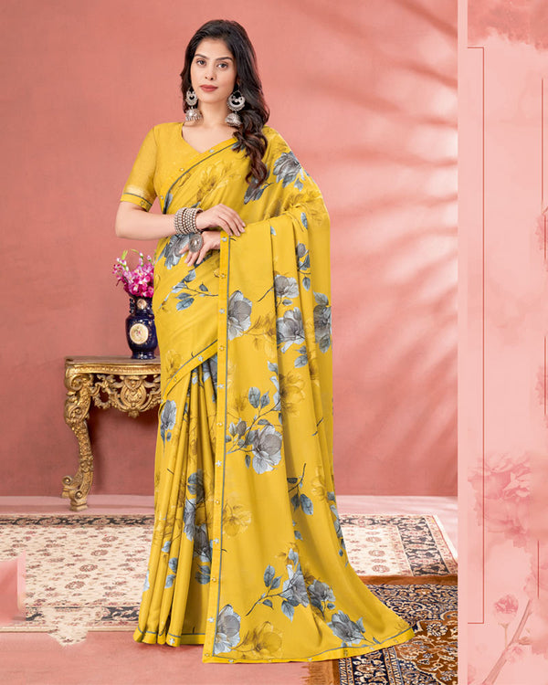 Vishal Prints Indian Yellow Digital Print Criva Crepe Saree With Fancy Border