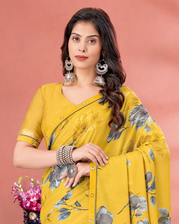Vishal Prints Indian Yellow Digital Print Criva Crepe Saree With Fancy Border