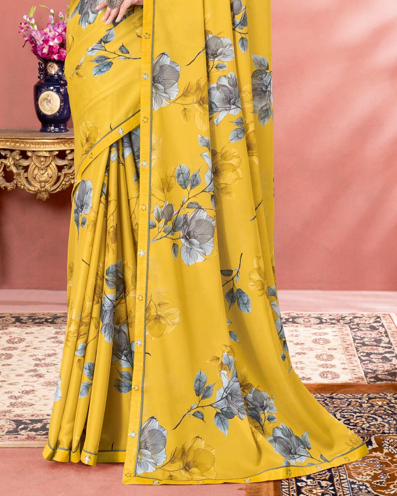 Vishal Prints Indian Yellow Digital Print Criva Crepe Saree With Fancy Border